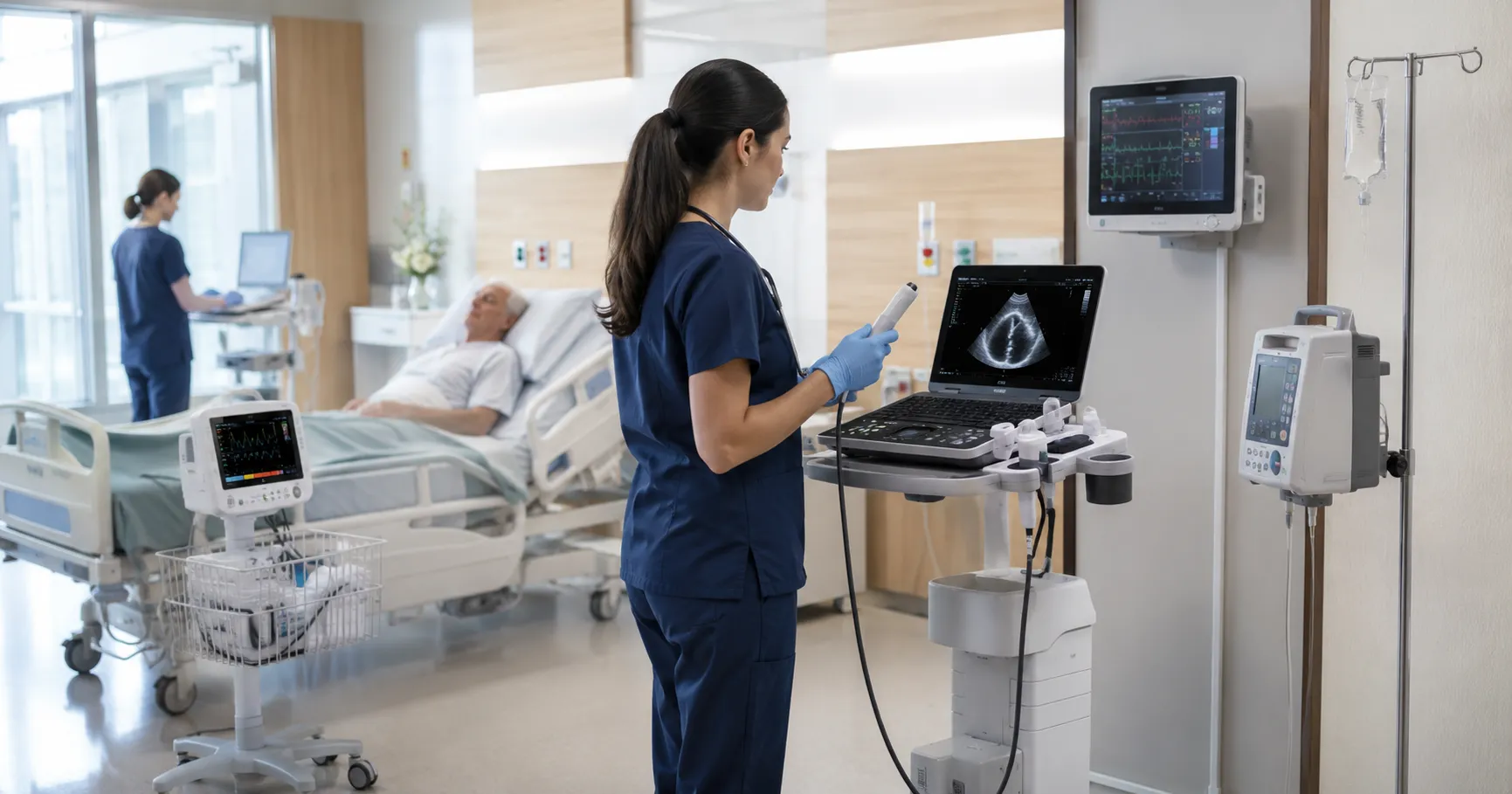 Healthcare team using portable medical devices with mobile monitors, diagnostic equipment, emergency