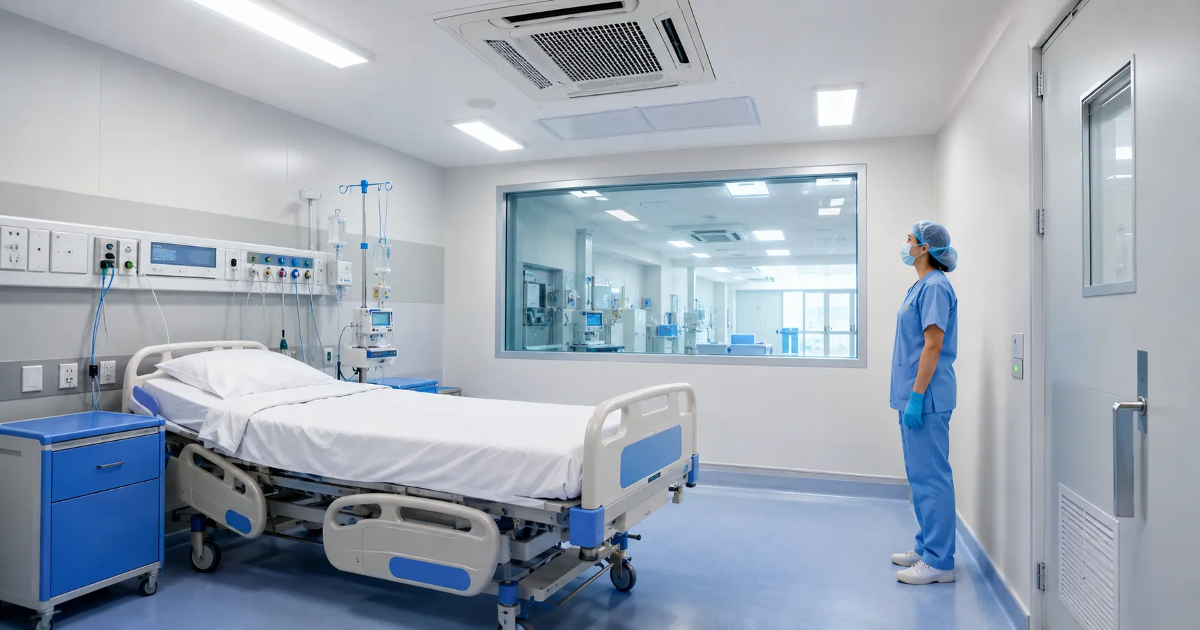 Positive pressure room with HEPA filtration and pressure monitoring in a hospital ward