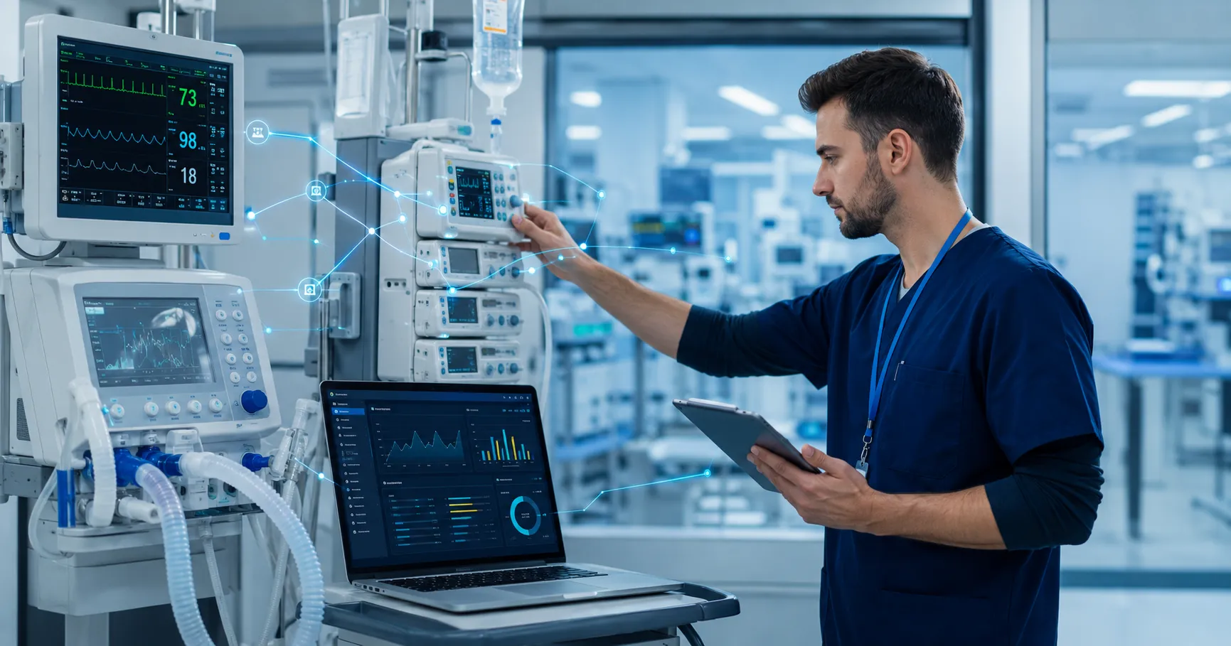 Biomedical engineering team using predictive maintenance dashboard to monitor hospital medical equip