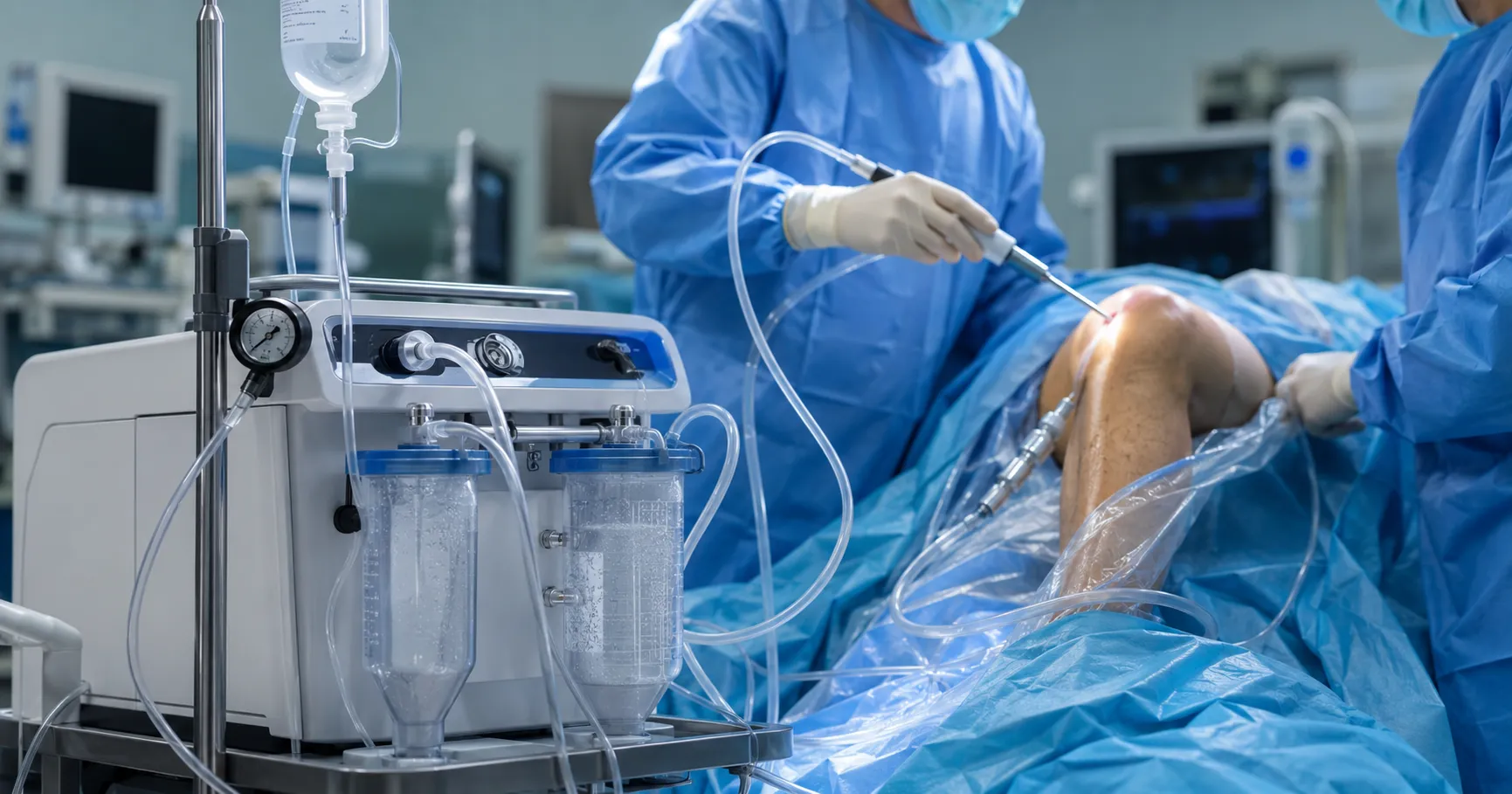 Pulse lavage system with sterile handpiece and suction tubing in orthopaedic surgery