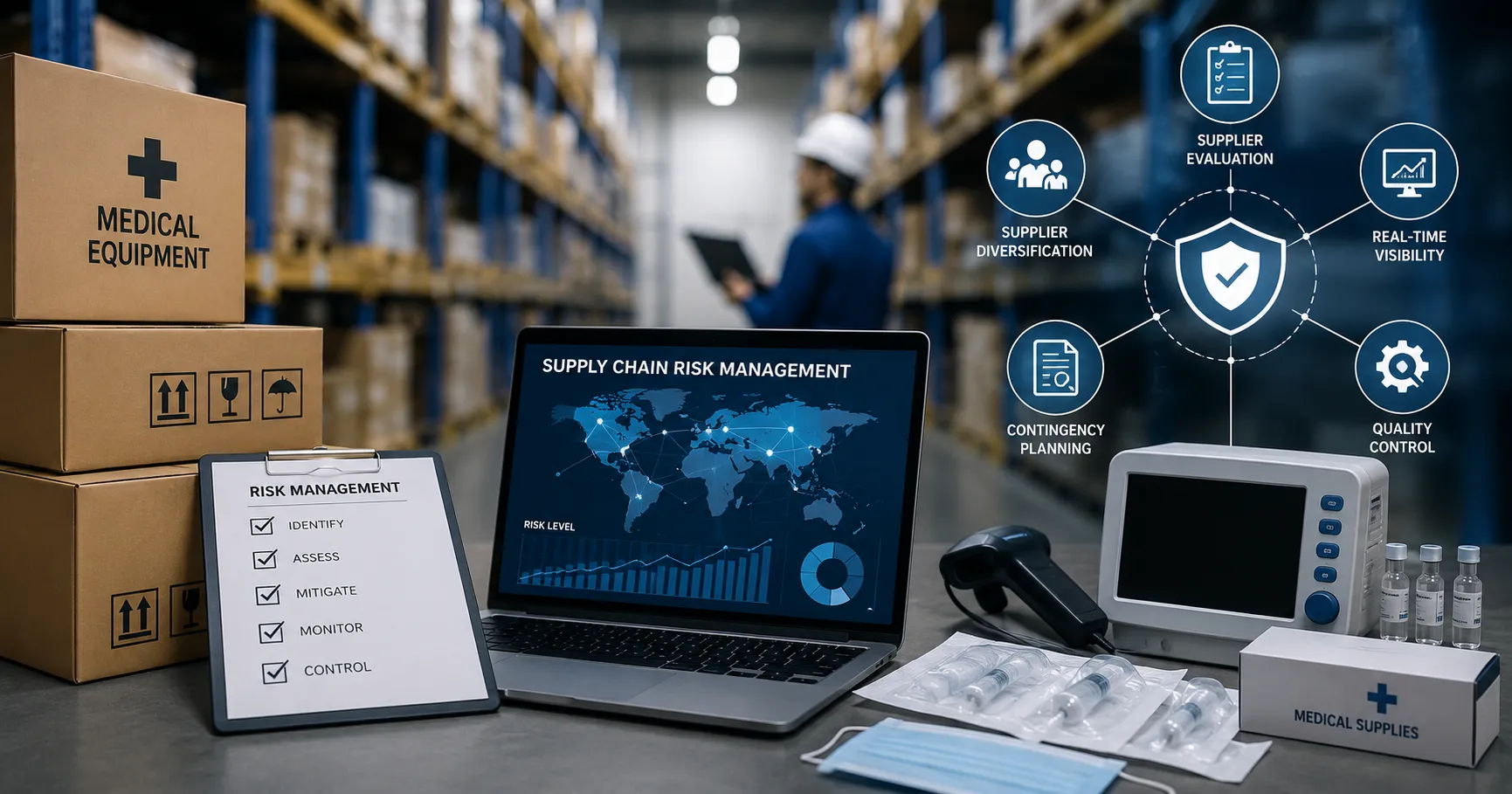 Healthcare supply chain with medical equipment logistics, warehouse inventory management, global shi