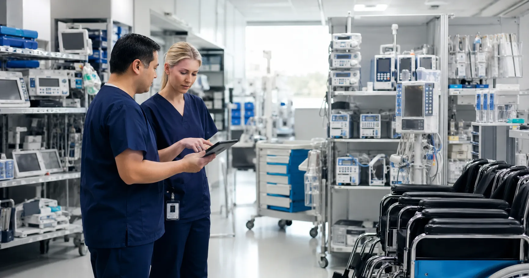 Healthcare sustainability team reducing waste through medical equipment optimization with usage data
