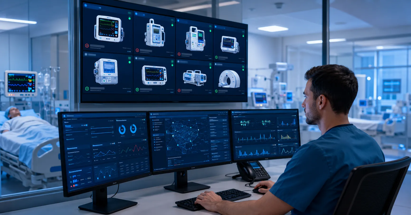 Healthcare operations team using remote equipment monitoring systems with connected medical devices,