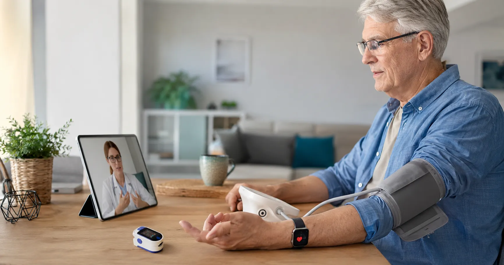 Healthcare team reviewing remote patient monitoring devices with wearable sensors, connected monitor