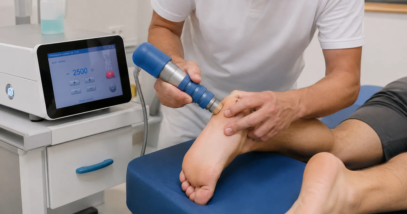 A handheld shockwave therapy device applied to a patient's heel during treatment for plantar fasciit