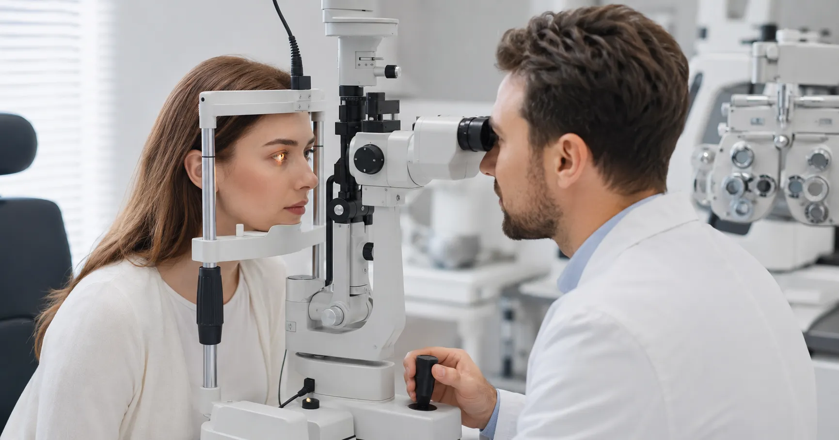 Portable slit lamp microscope used in modern ophthalmology clinics for eye examinations.