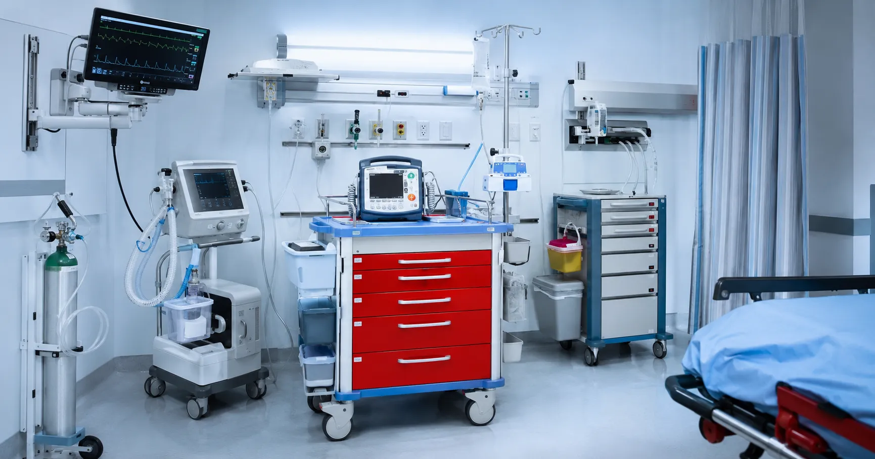Emergency hospital team using smart emergency equipment with defibrillator, patient monitor, oxygen 
