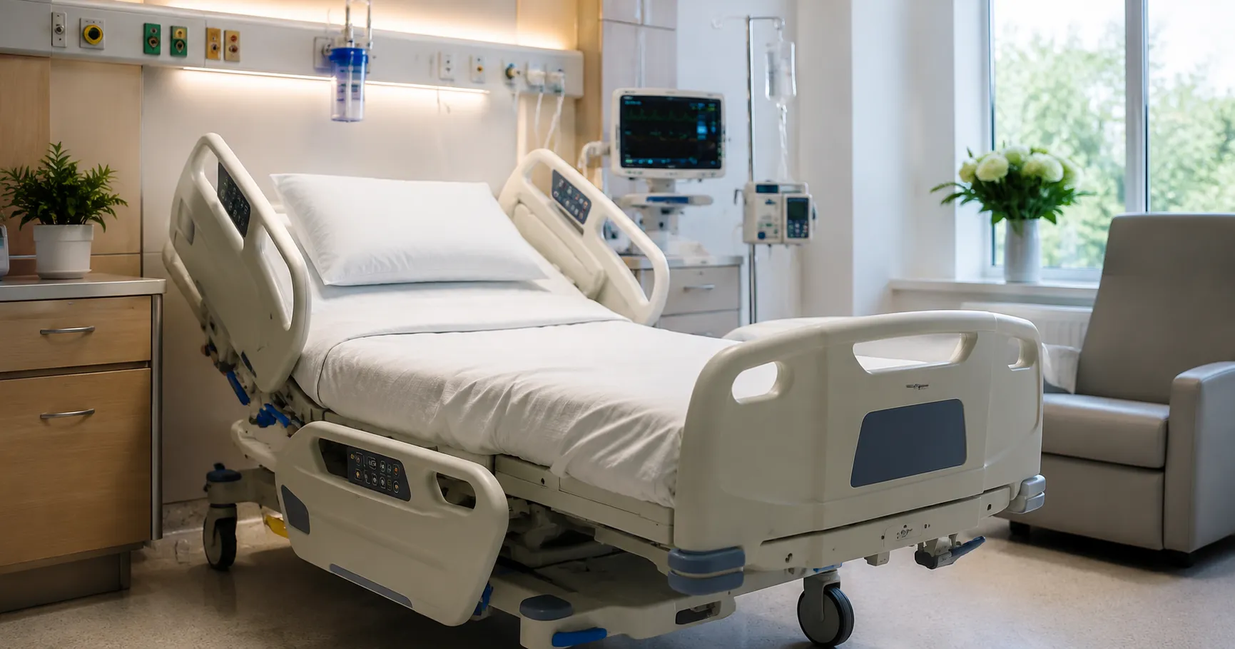 Smart hospital bed in a modern ward with side rails, adjustable positioning, nurse call support, pat