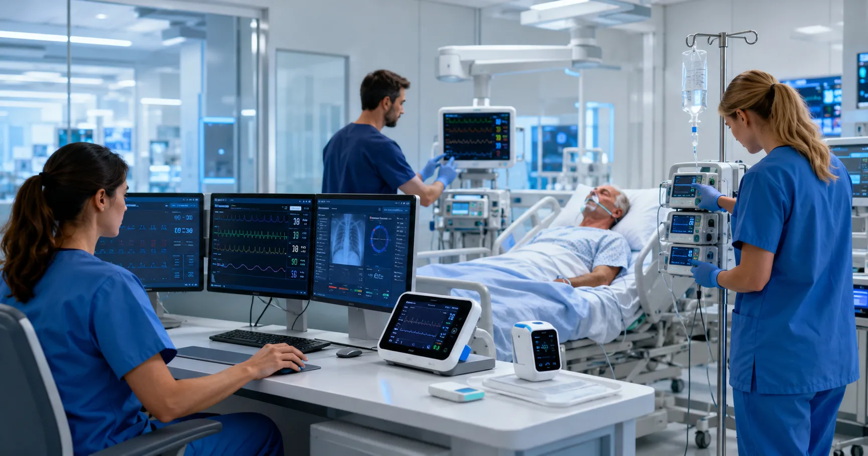 Hospital team using smart medical devices with connected monitors, sensors, automation dashboards, a