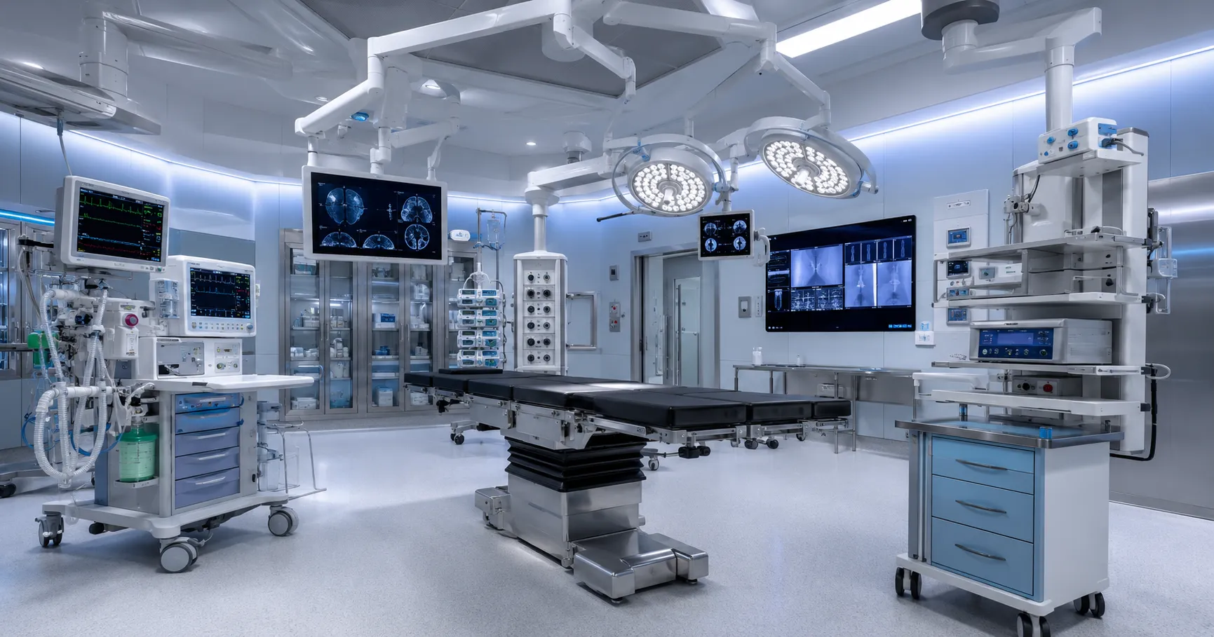 Surgical team using a smart operating room with connected displays, surgical lights, imaging systems