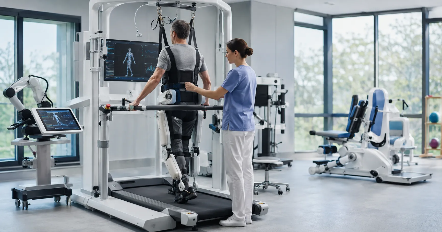 Rehabilitation team using smart rehabilitation equipment with mobility training devices, therapy too