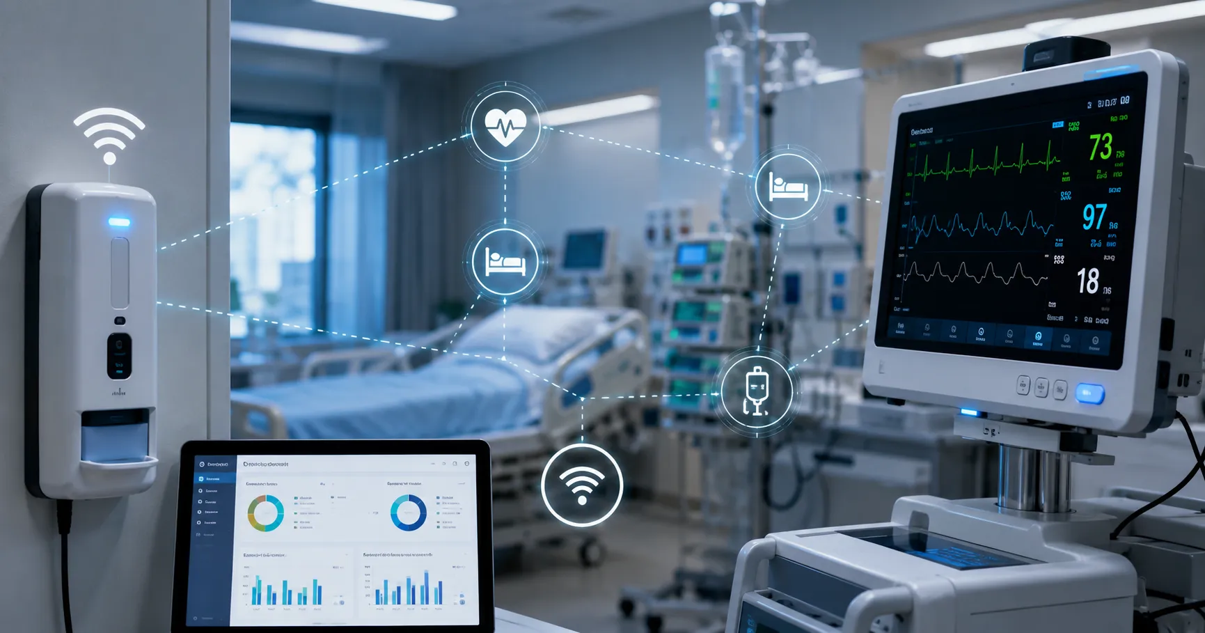 Healthcare team using smart sensors in hospital equipment with connected monitors, device alerts, se