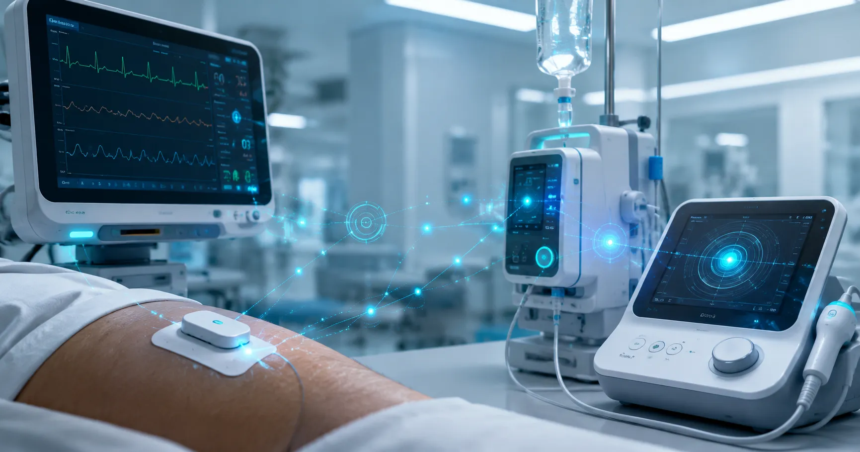 Healthcare technology team reviewing smart sensors in medical devices with connected monitors, weara