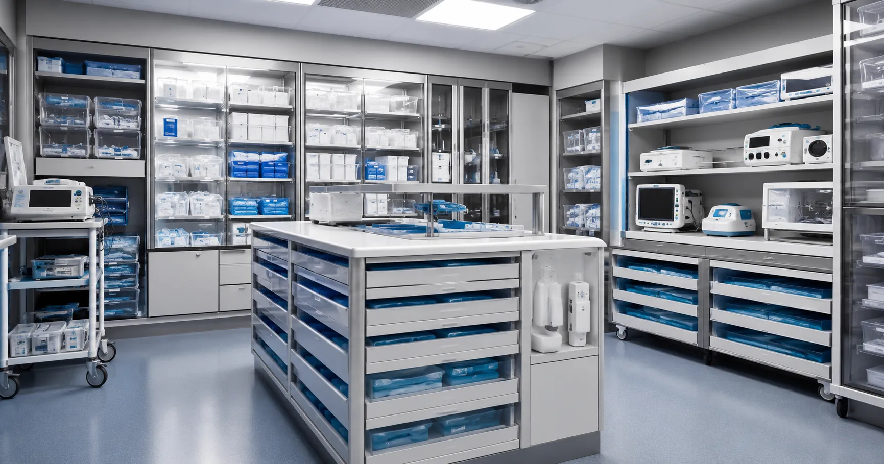 Hospital biomedical team using smart storage systems with medical equipment cabinets, asset tracking