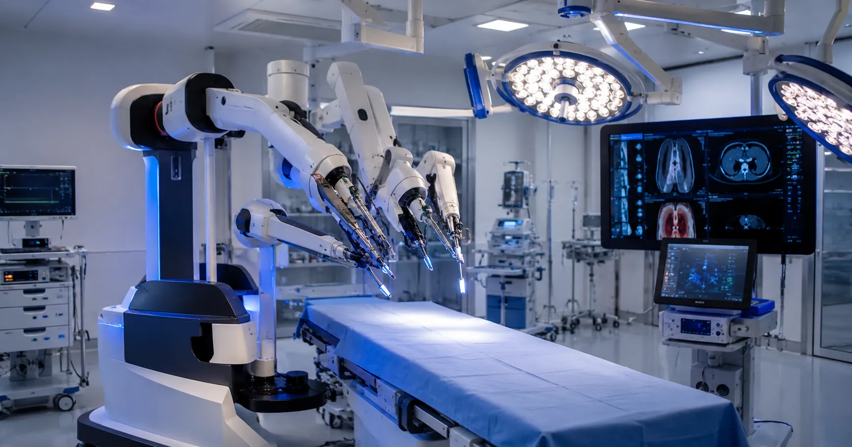 Hospital surgical team using smart surgical equipment with precision devices, operating room technol