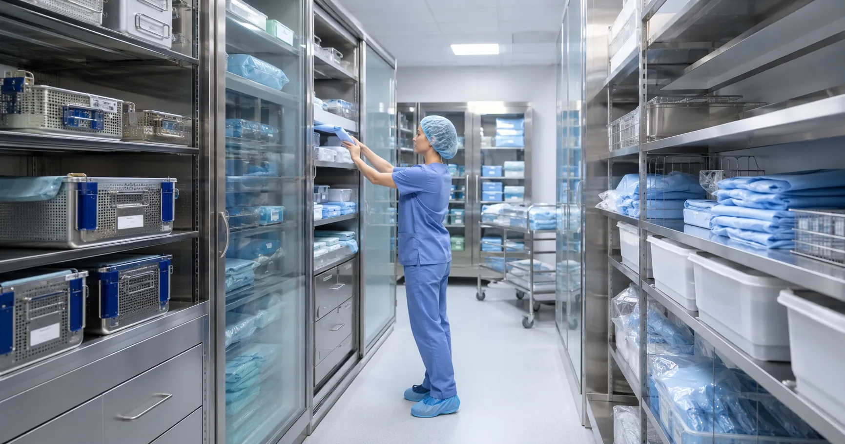  Sterile storage cabinet in a hospital OR maintaining organized and contamination-free instruments.