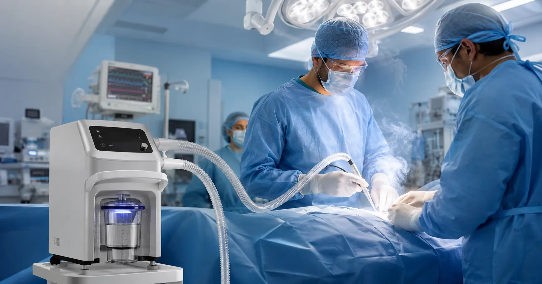 Surgical smoke evacuator in an operating room capturing hazardous smoke and improving staff and pati