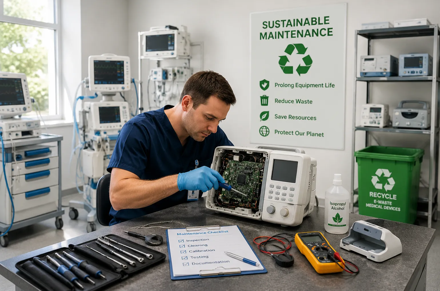 Biomedical engineering team performing sustainable medical equipment maintenance with repair tools, 