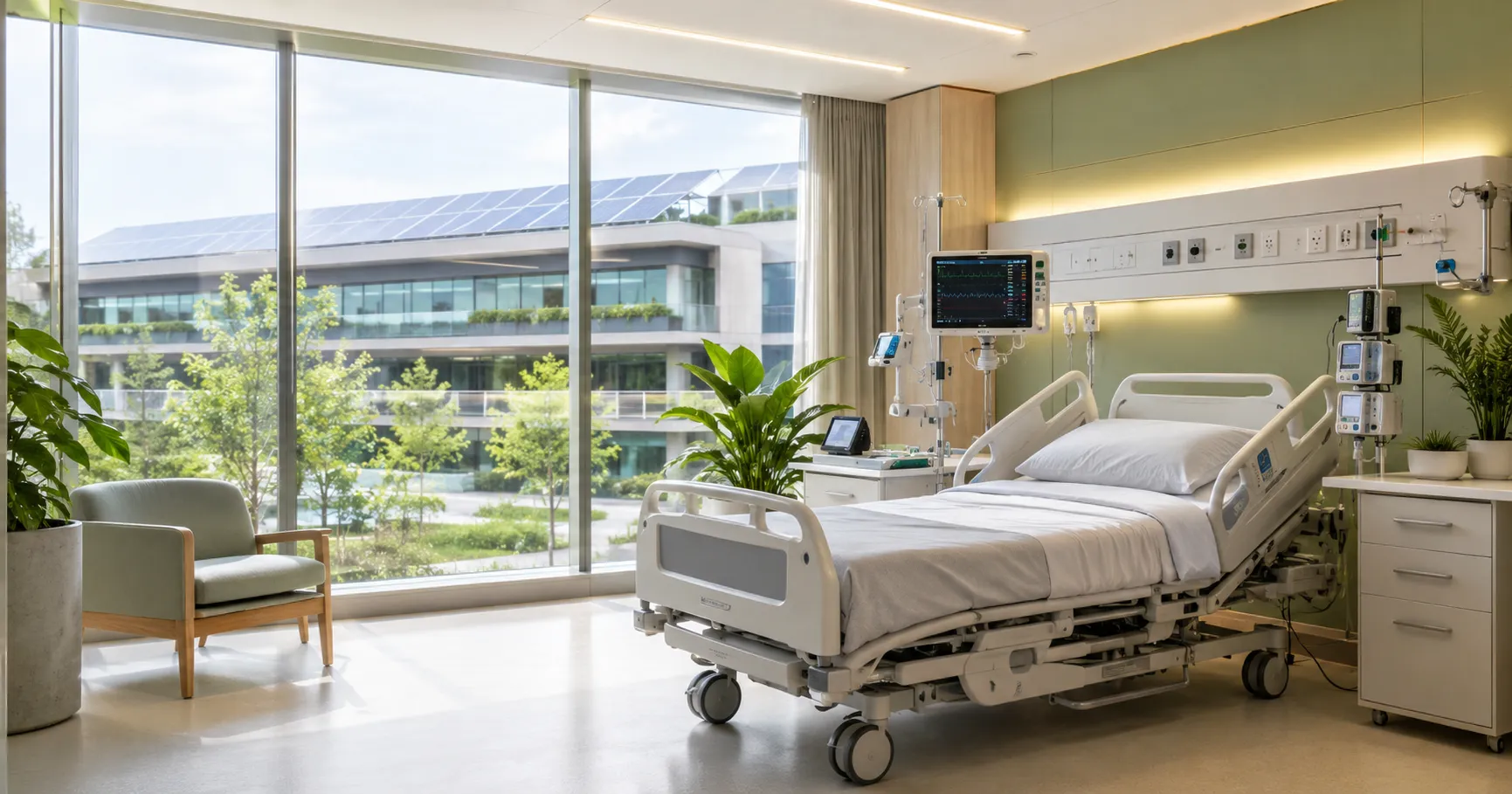 Hospital team reviewing sustainable hospital technology with energy-efficient equipment, digital ass