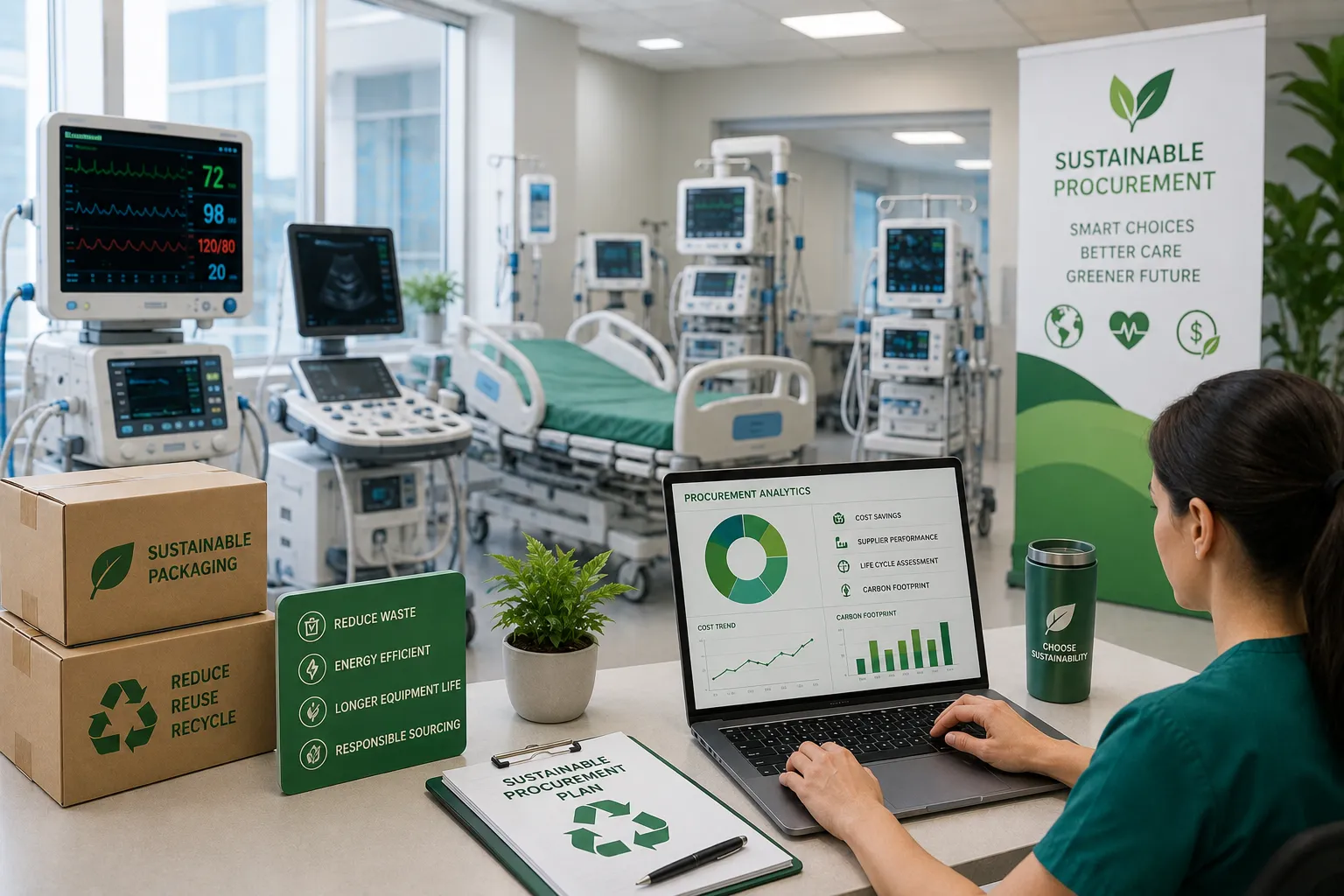 Healthcare procurement team planning sustainable medical equipment procurement strategies with eco-f