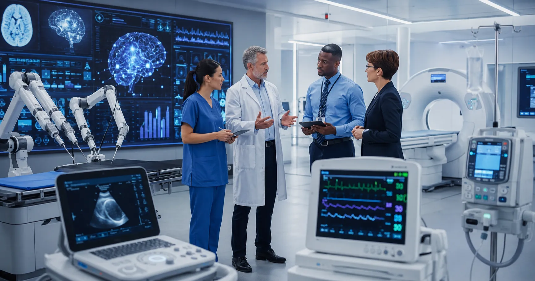 Healthcare innovation team reviewing next generation medical devices with smart monitors, connected 