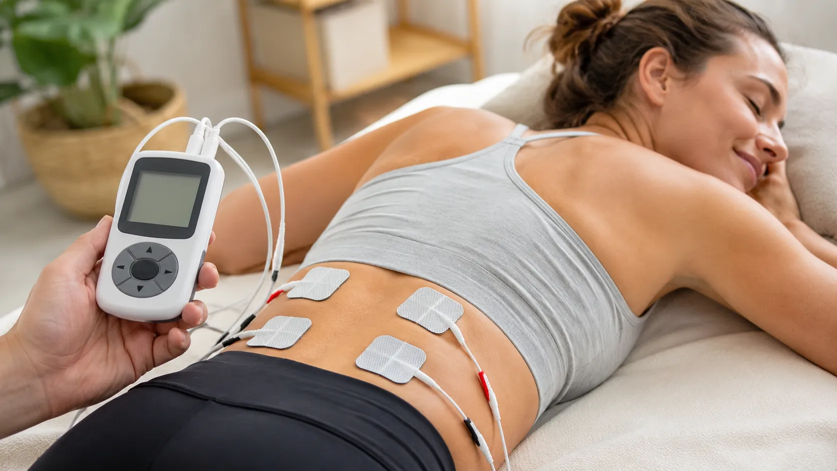 A compact TENS machine with two connecting wires attached to sticky electrode pads ready for clinica
