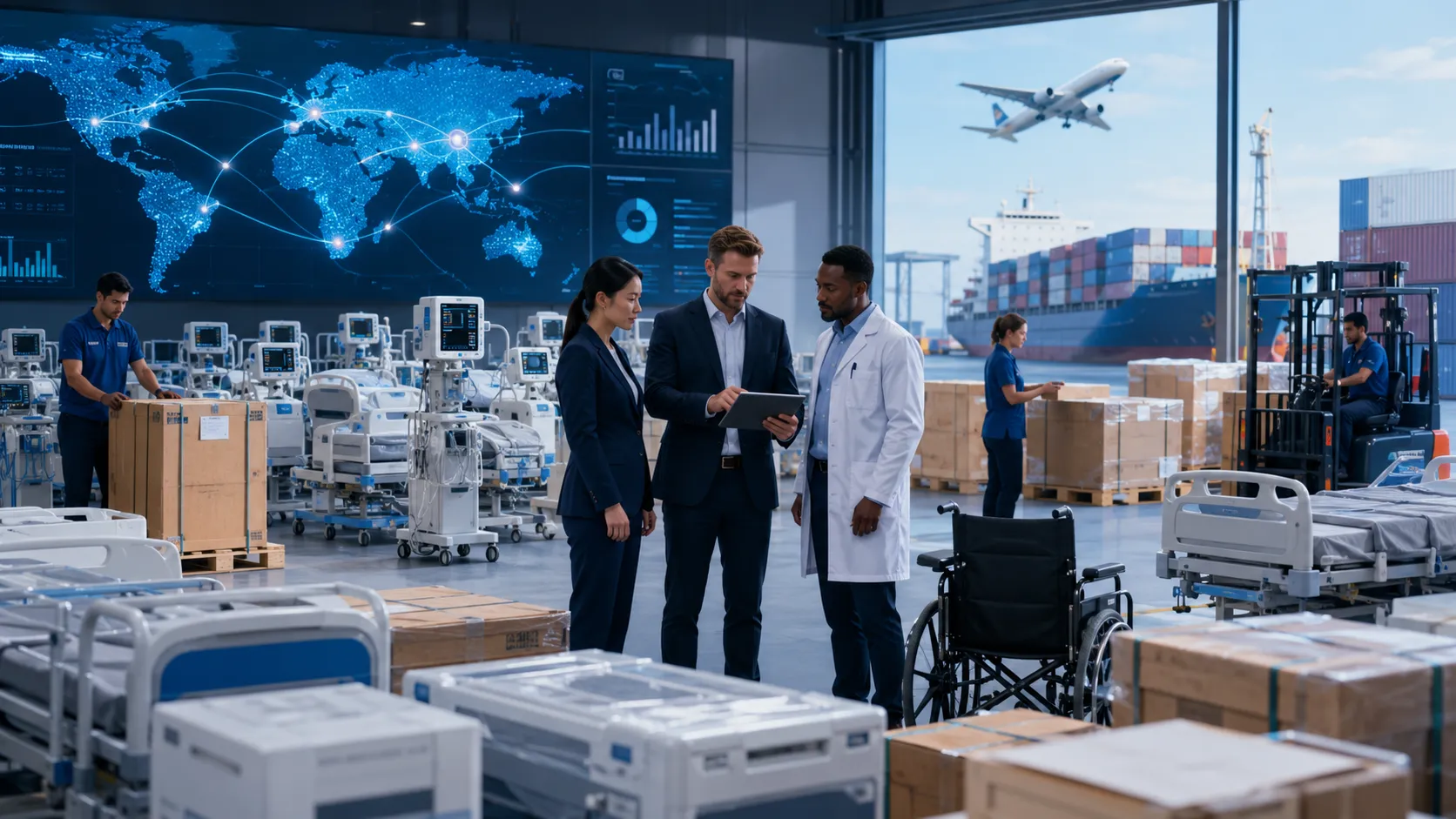Global medical equipment distribution network with healthcare procurement team, international logist