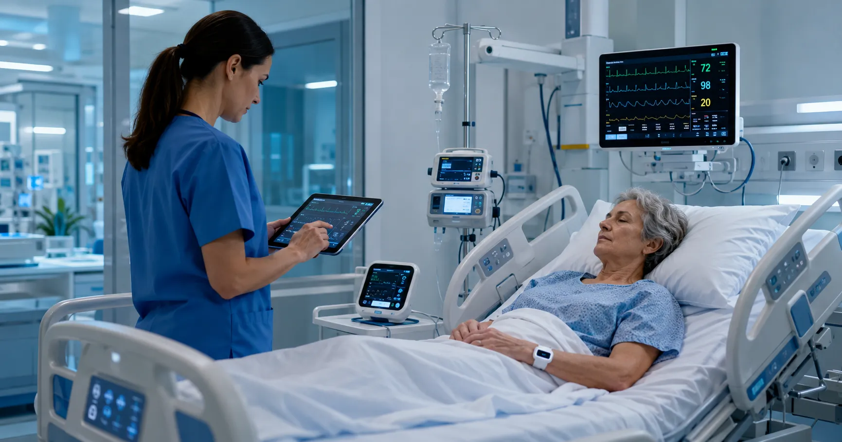 Healthcare team using intelligent medical devices with connected monitors, AI tools, smart sensors, 