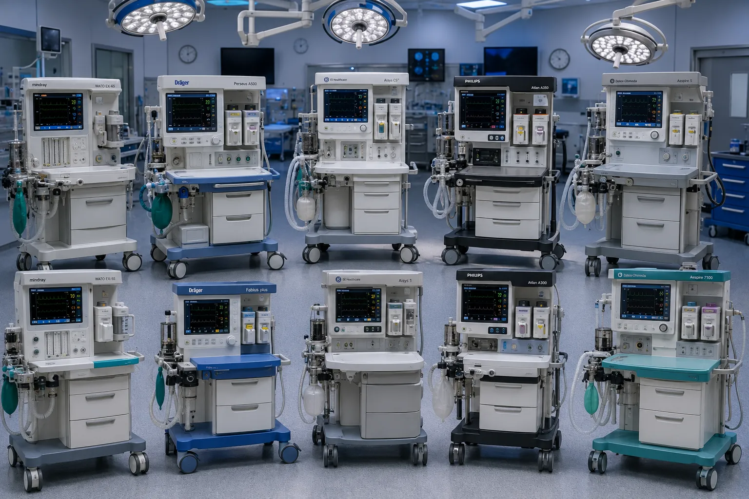 Anaesthesia workstation with vaporisers, ventilator screen and breathing circuit in an operating roo