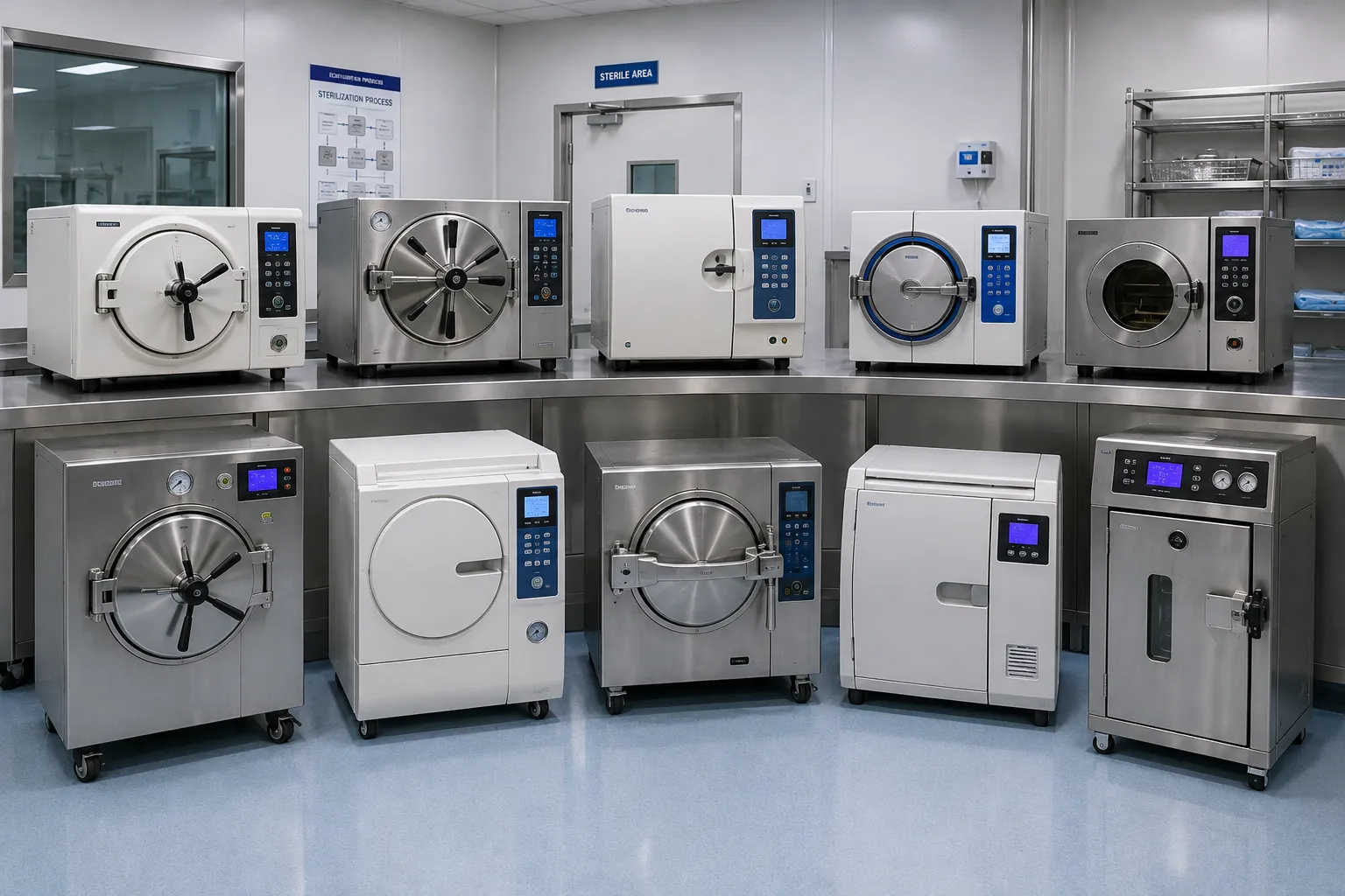 Stainless steel hospital autoclave with instrument trays loaded in a sterilisation department