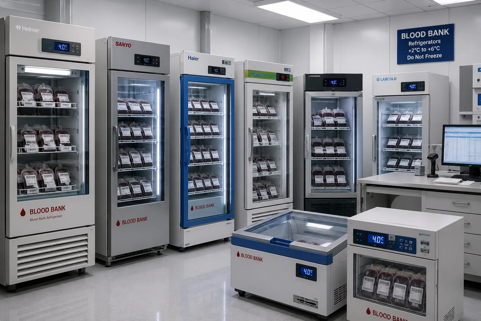 Upright blood bank refrigerator with temperature display and blood component storage shelves