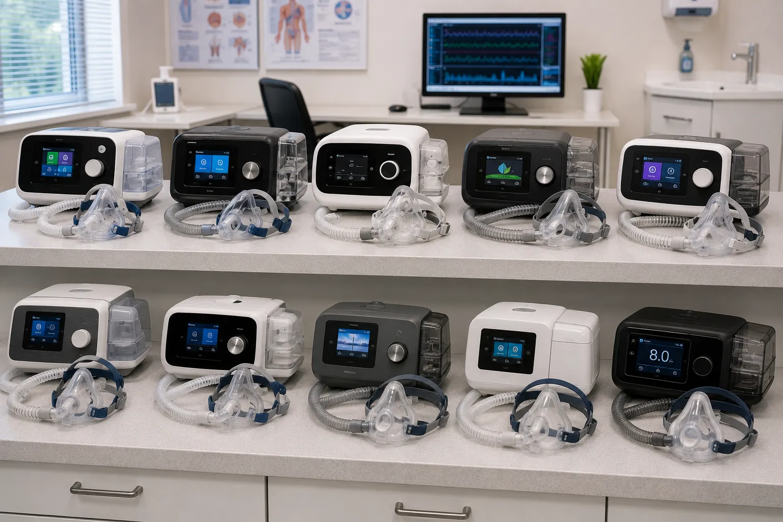 CPAP machine with integrated humidifier, tubing and face mask on a bedside table