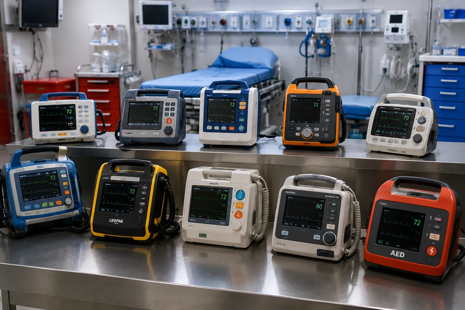 Manual defibrillator with monitor screen and pads on a hospital resuscitation trolley
