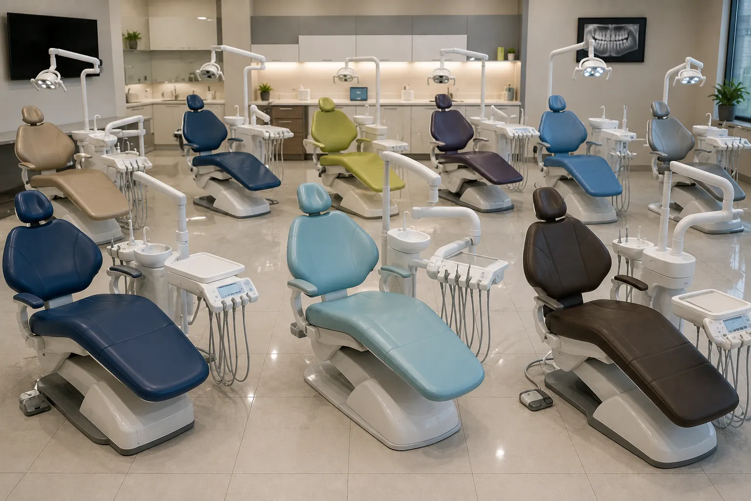 Modern dental chair with delivery arm, operating light and assistant suction in a private practice s