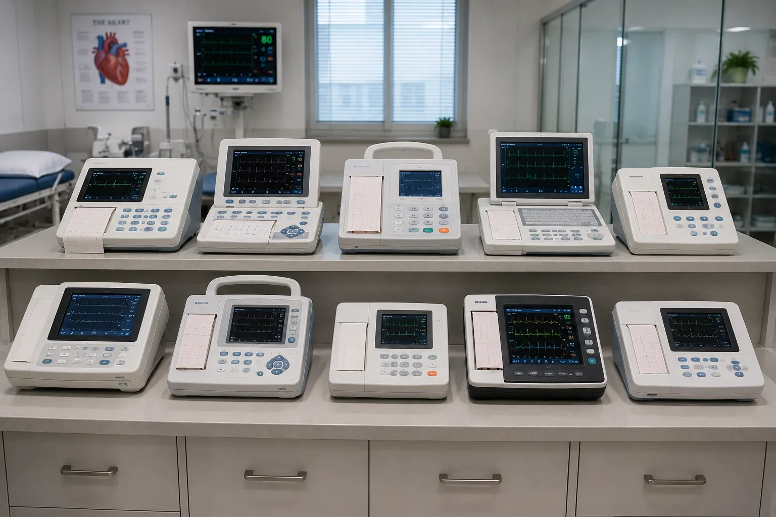 Twelve channel ECG machine with patient cable and printed trace in a cardiac screening room