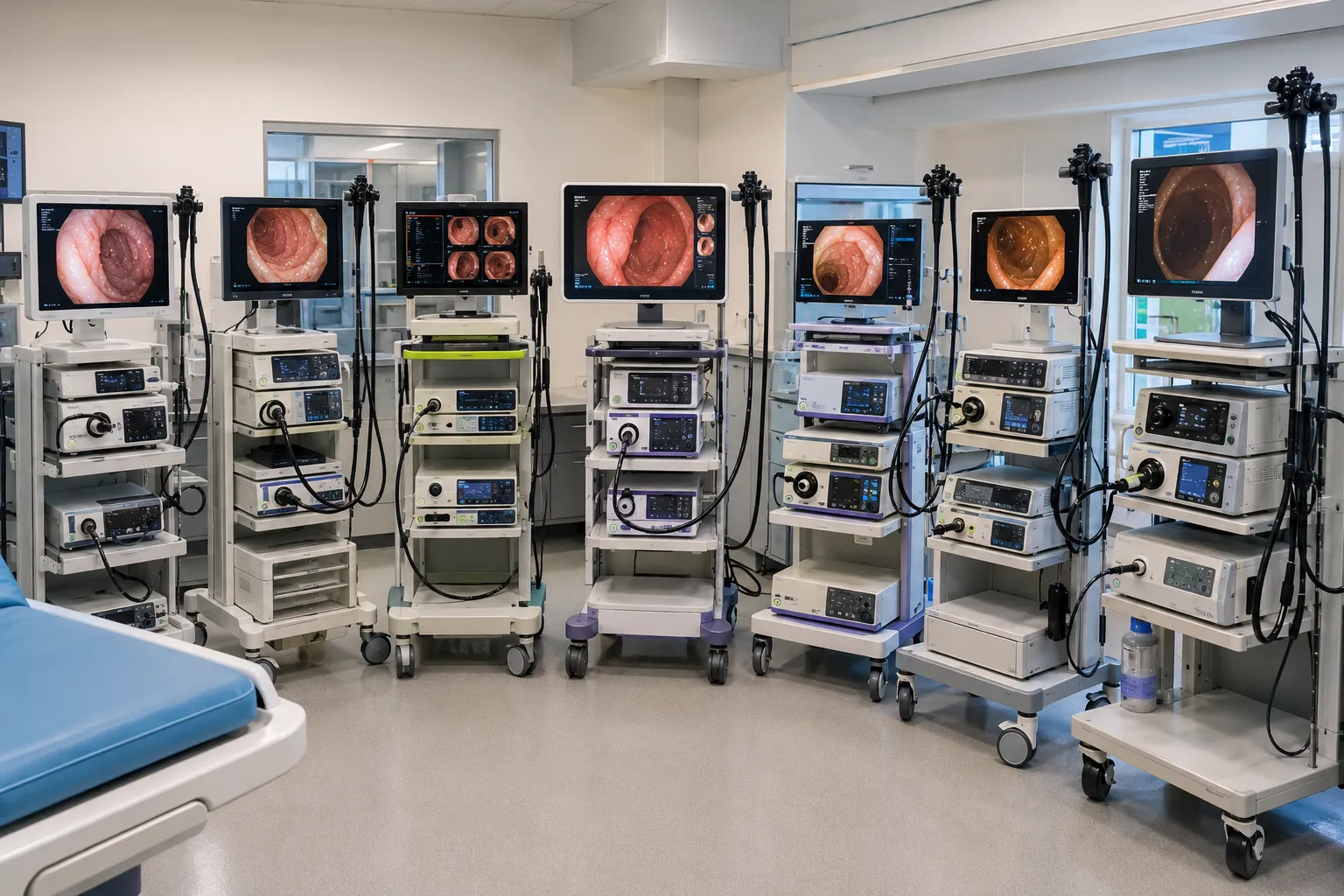 Endoscopy tower with video processor, monitor and colonoscope in a gastroenterology procedure room