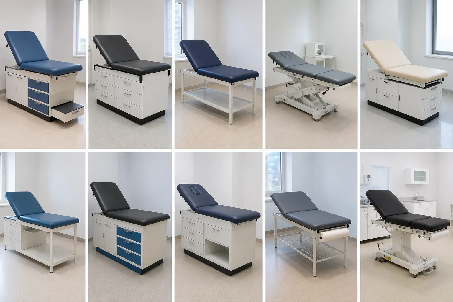 Electric height adjustable examination couch with paper roll in an outpatient clinic room