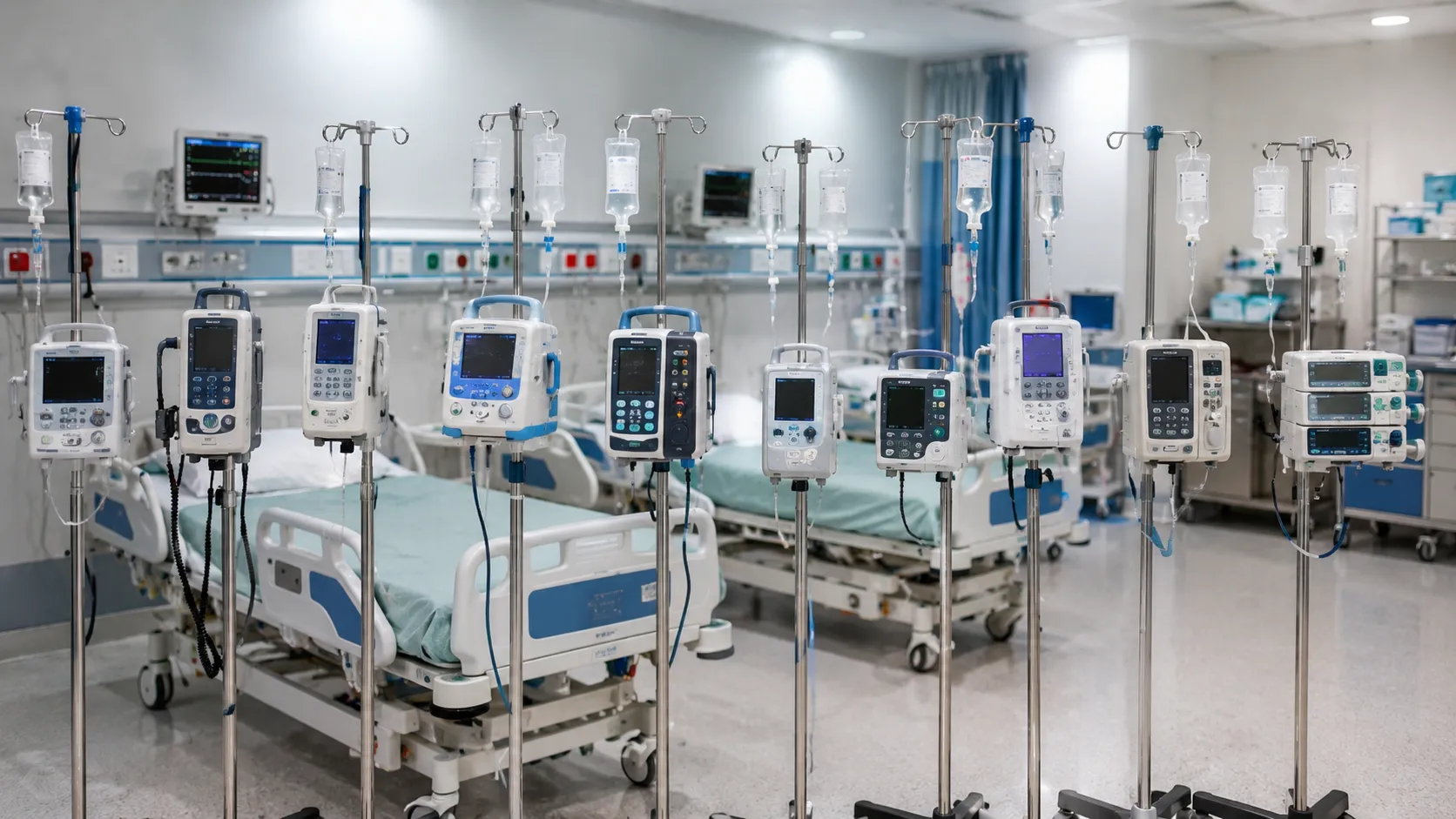 Volumetric infusion pump and syringe pump mounted on a drip stand beside a hospital bed