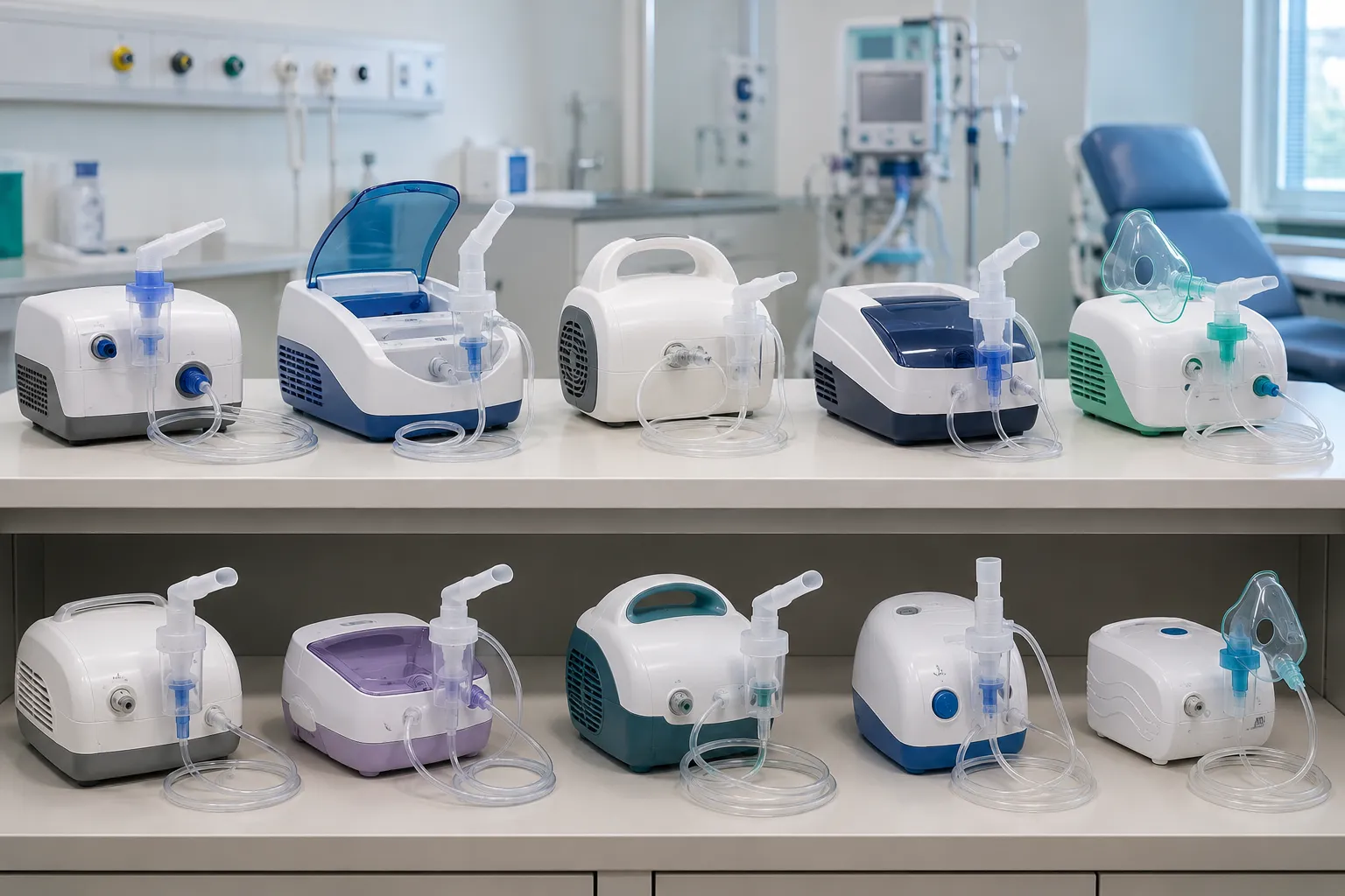 Jet nebuliser with compressor, tubing and face mask set up in a respiratory therapy room