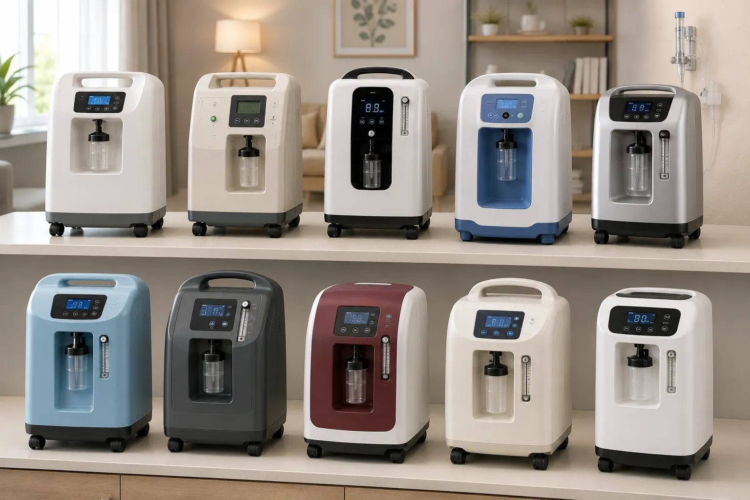 Stationary oxygen concentrator with nasal cannula tubing set up in a patient home
