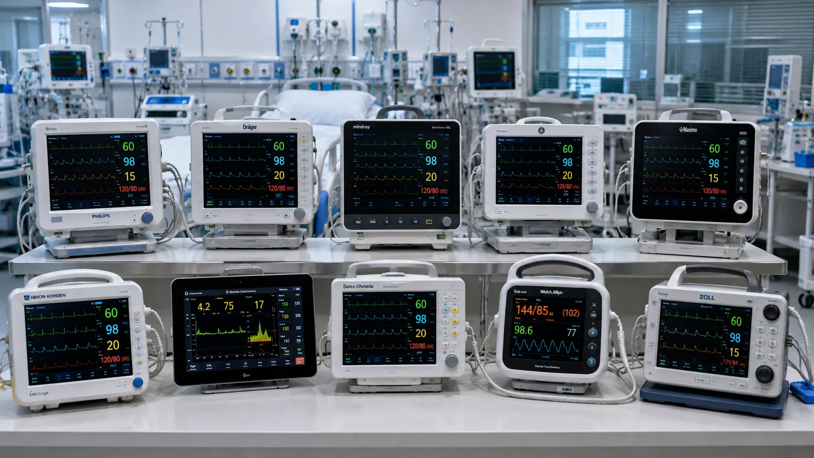 Bedside multiparameter patient monitor displaying ECG and vital signs waveforms in a critical care b