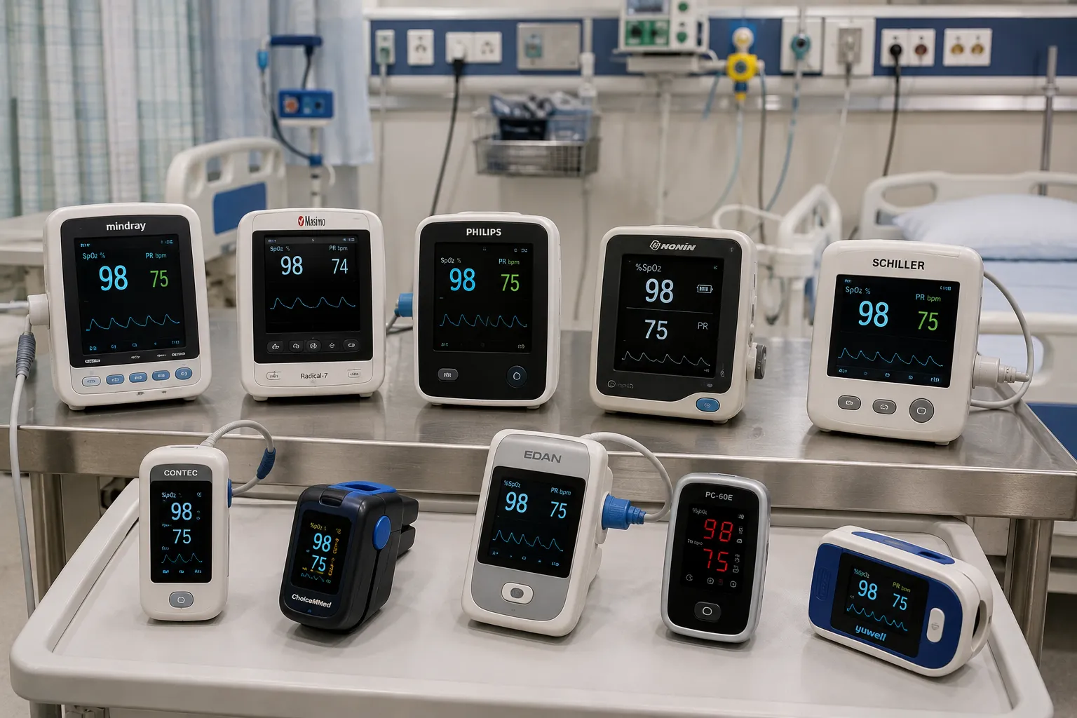 Handheld pulse oximeter with finger sensor displaying oxygen saturation at a hospital bedside