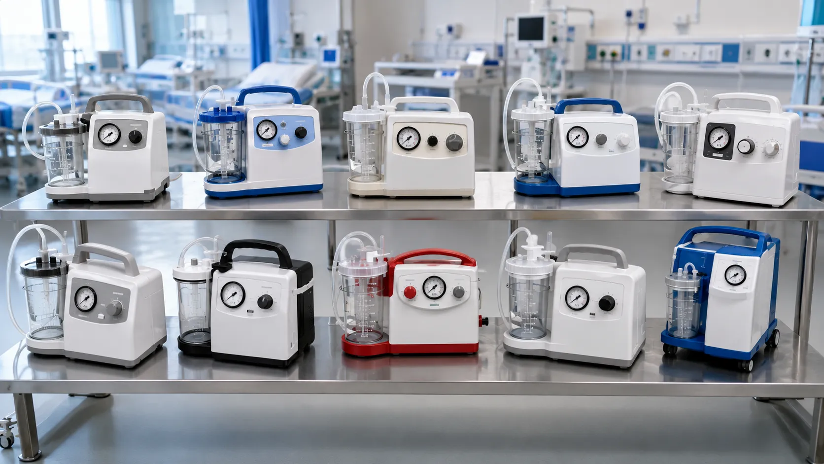Mobile mains powered suction machine with collection jar and tubing on a hospital trolley
