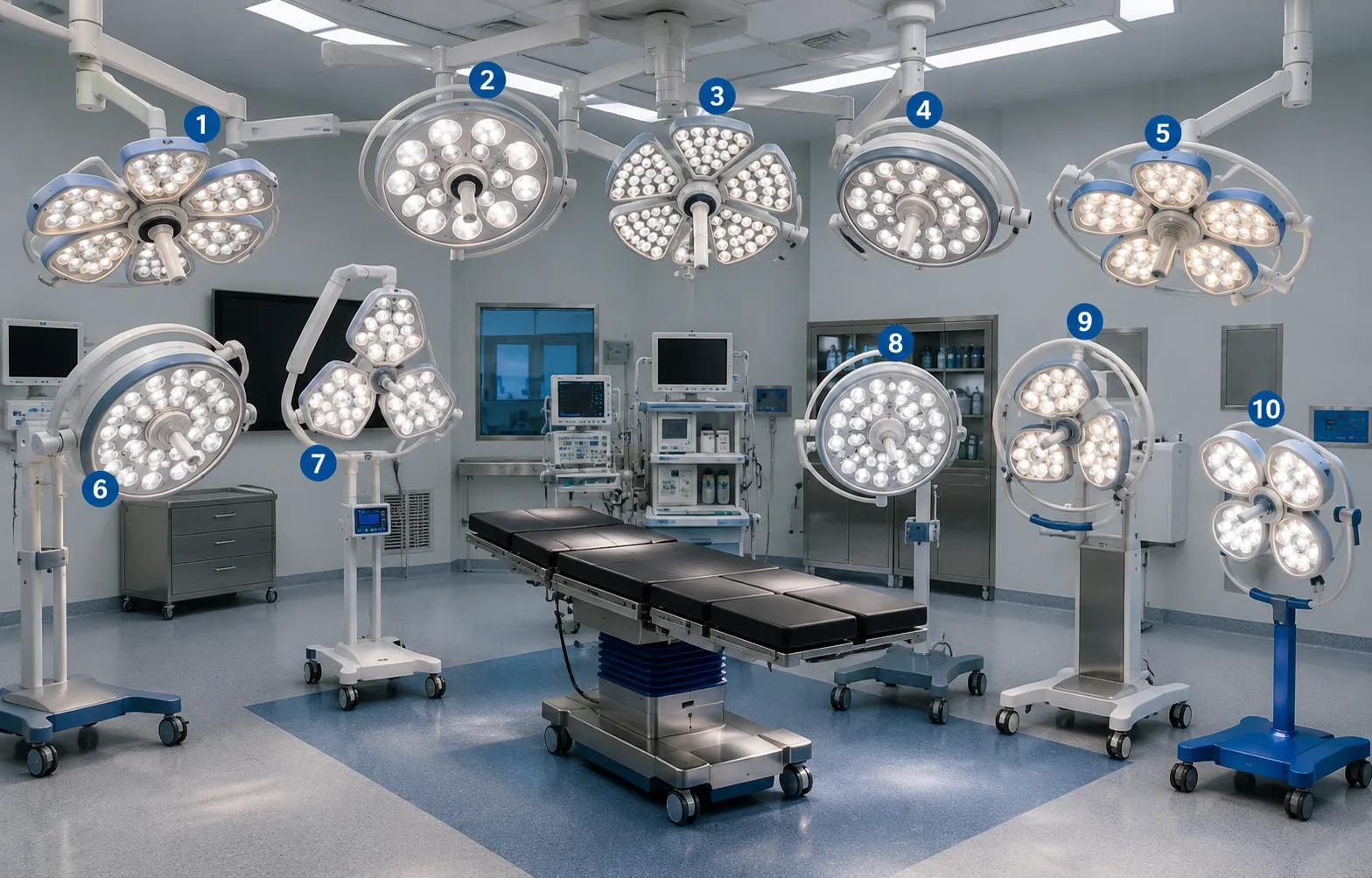 Dual head ceiling mounted surgical light illuminating an operating table in a hospital theatre