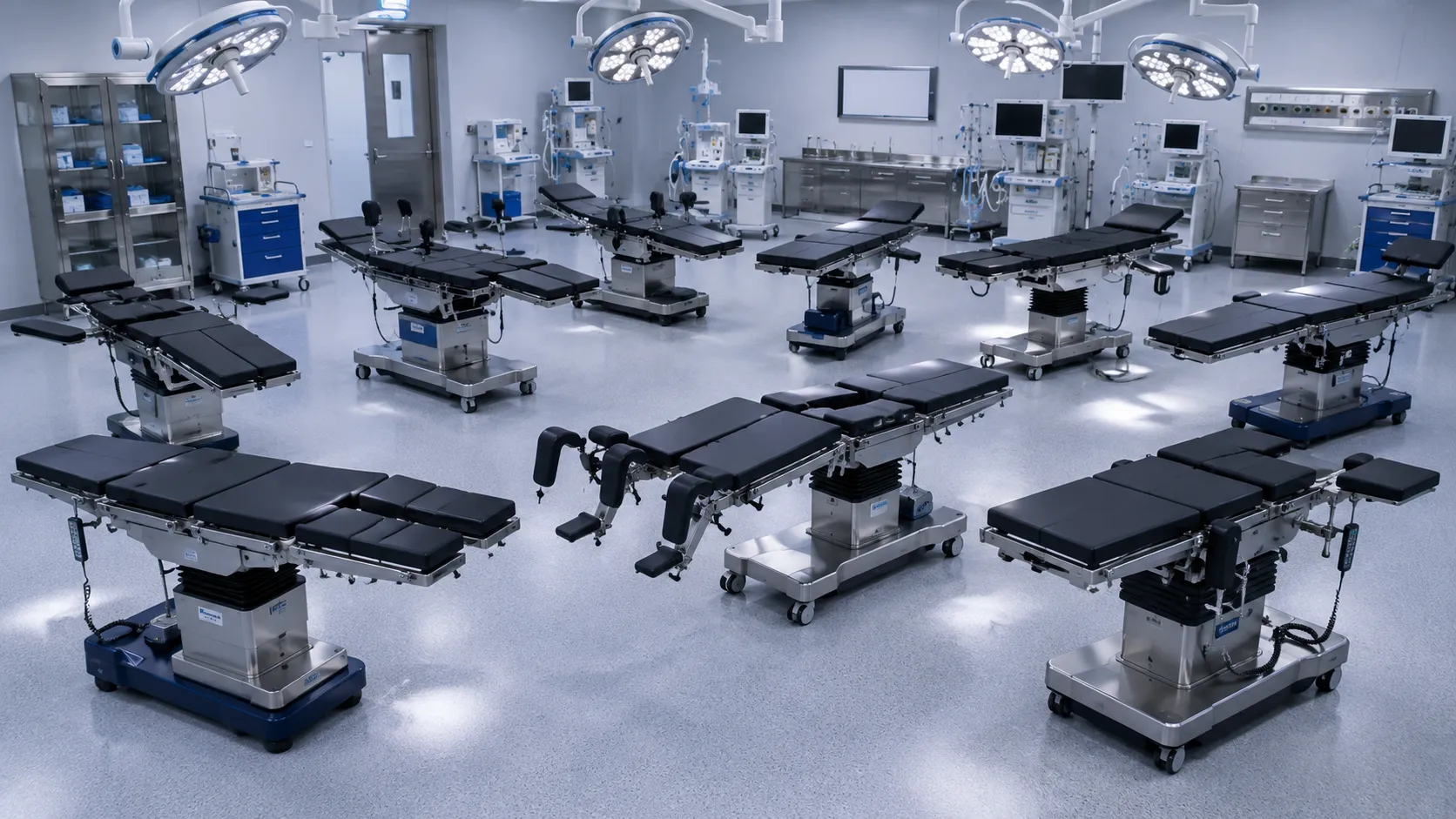 Electro-hydraulic operating table with segmented top and side rails in a hospital theatre