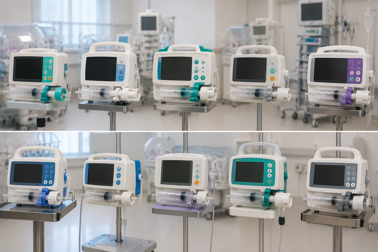 Syringe pump mounted beside a neonatal incubator delivering a low rate infusion