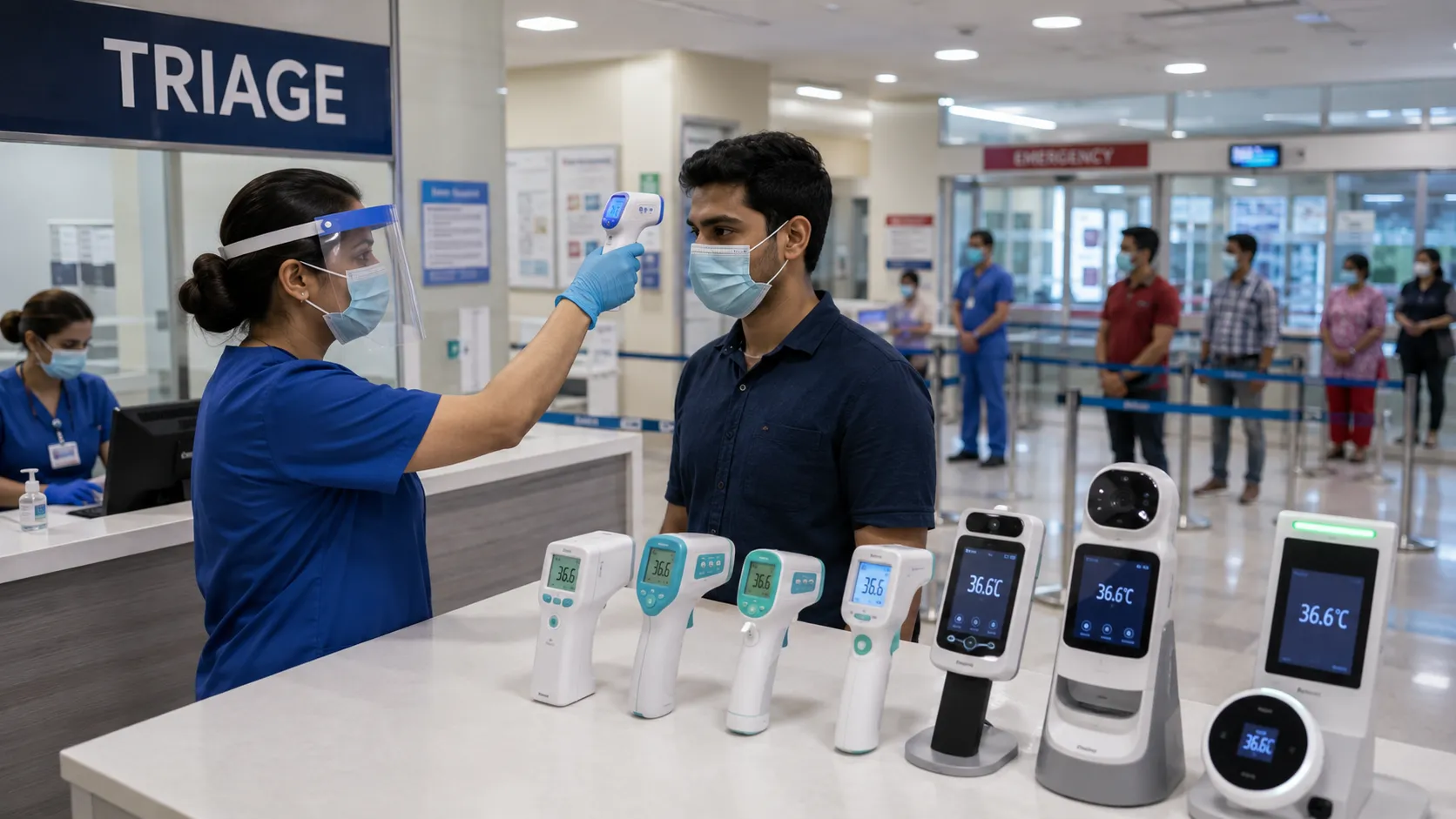 Non-contact infrared forehead thermometer being used at a hospital triage screening point