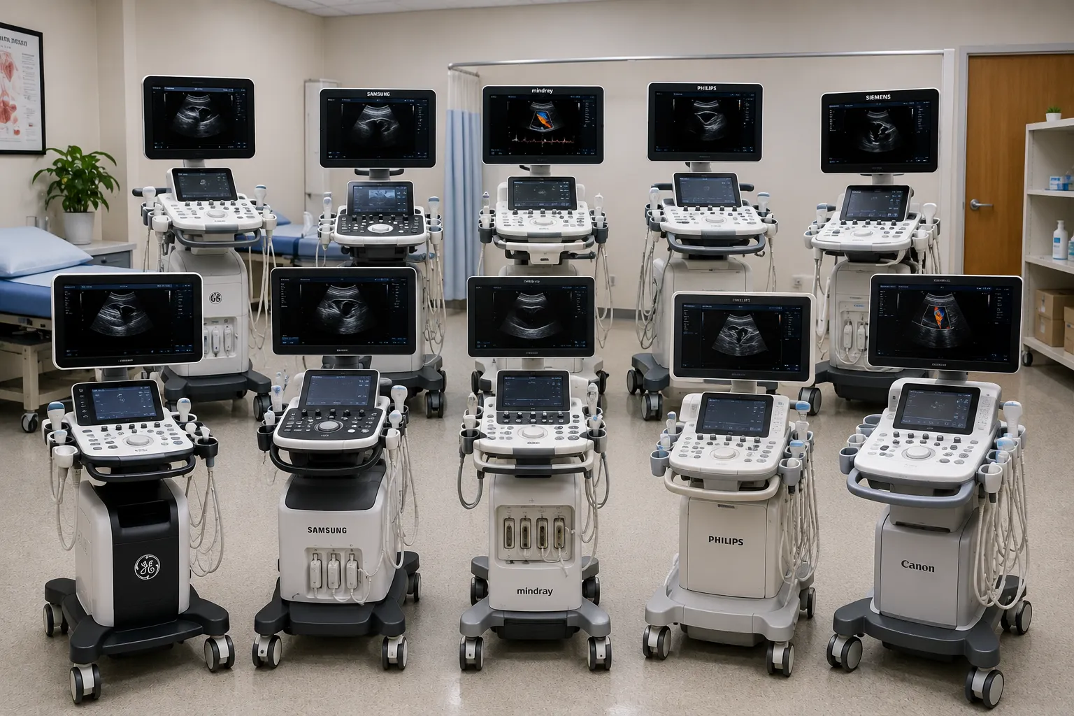 Cart-based diagnostic ultrasound machine with transducer probes and display screen in a clinic room
