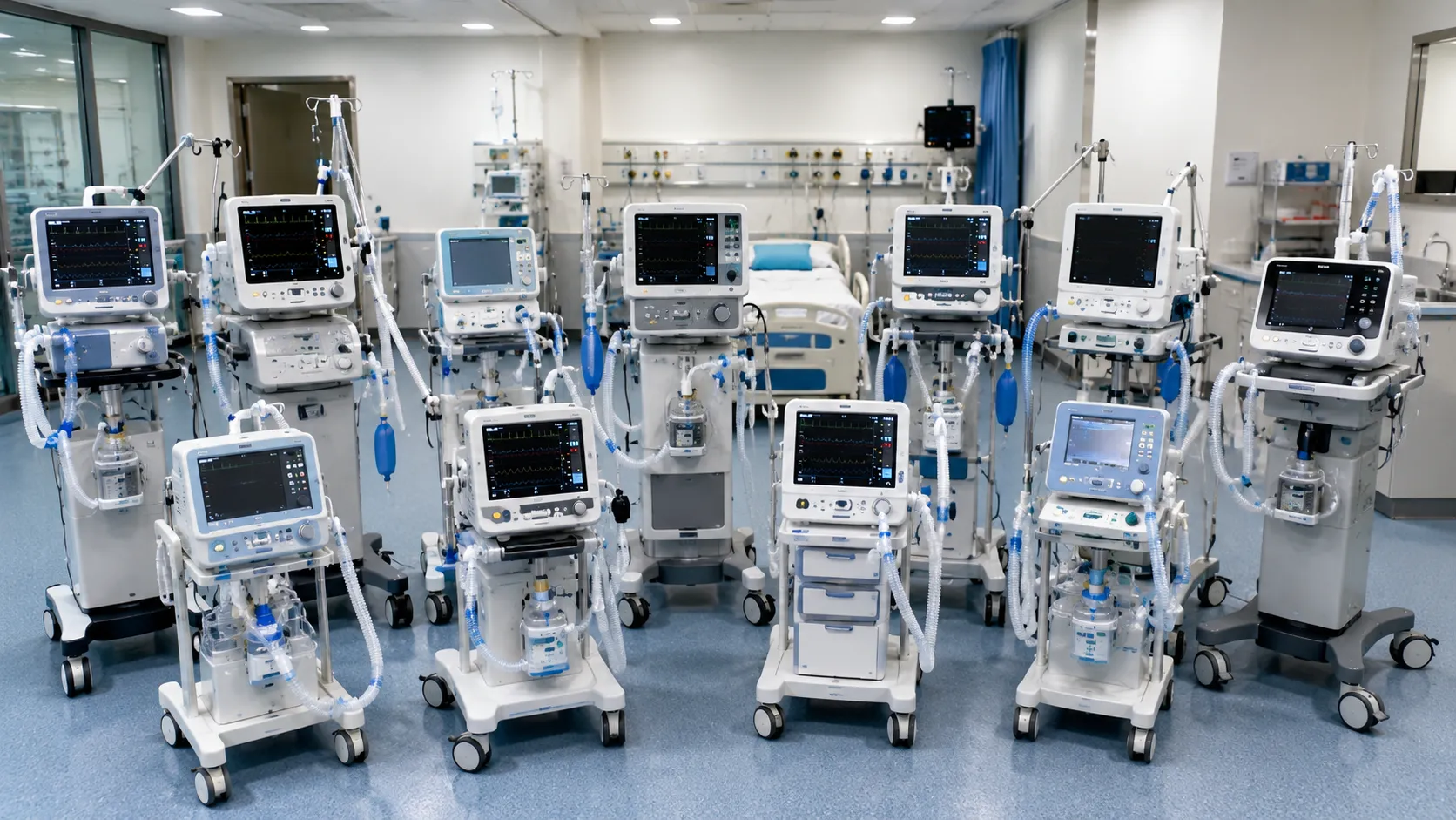 Intensive care ventilator with touchscreen graphics and breathing circuit beside a hospital bed