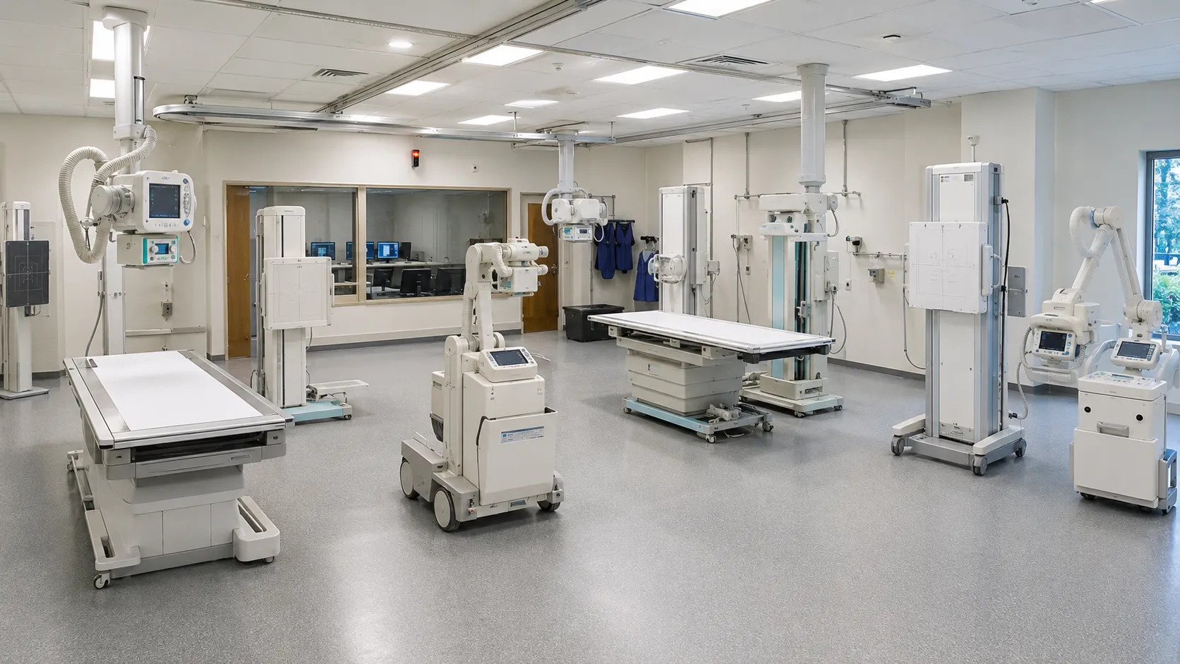 Fixed radiography X-ray system with tube column, table and wall stand in a hospital imaging room